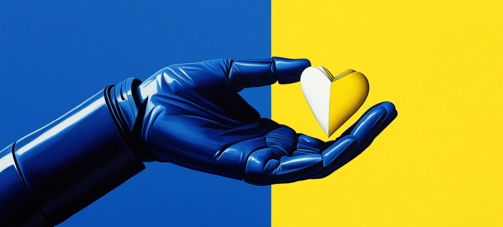 Robot hand holding a half white half yellow heart