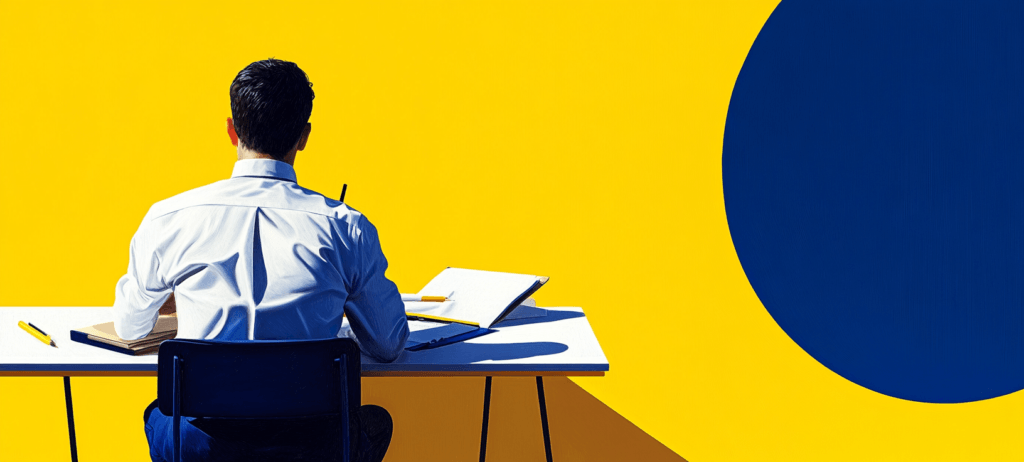Man in business attire sitting at a table with books on his desk