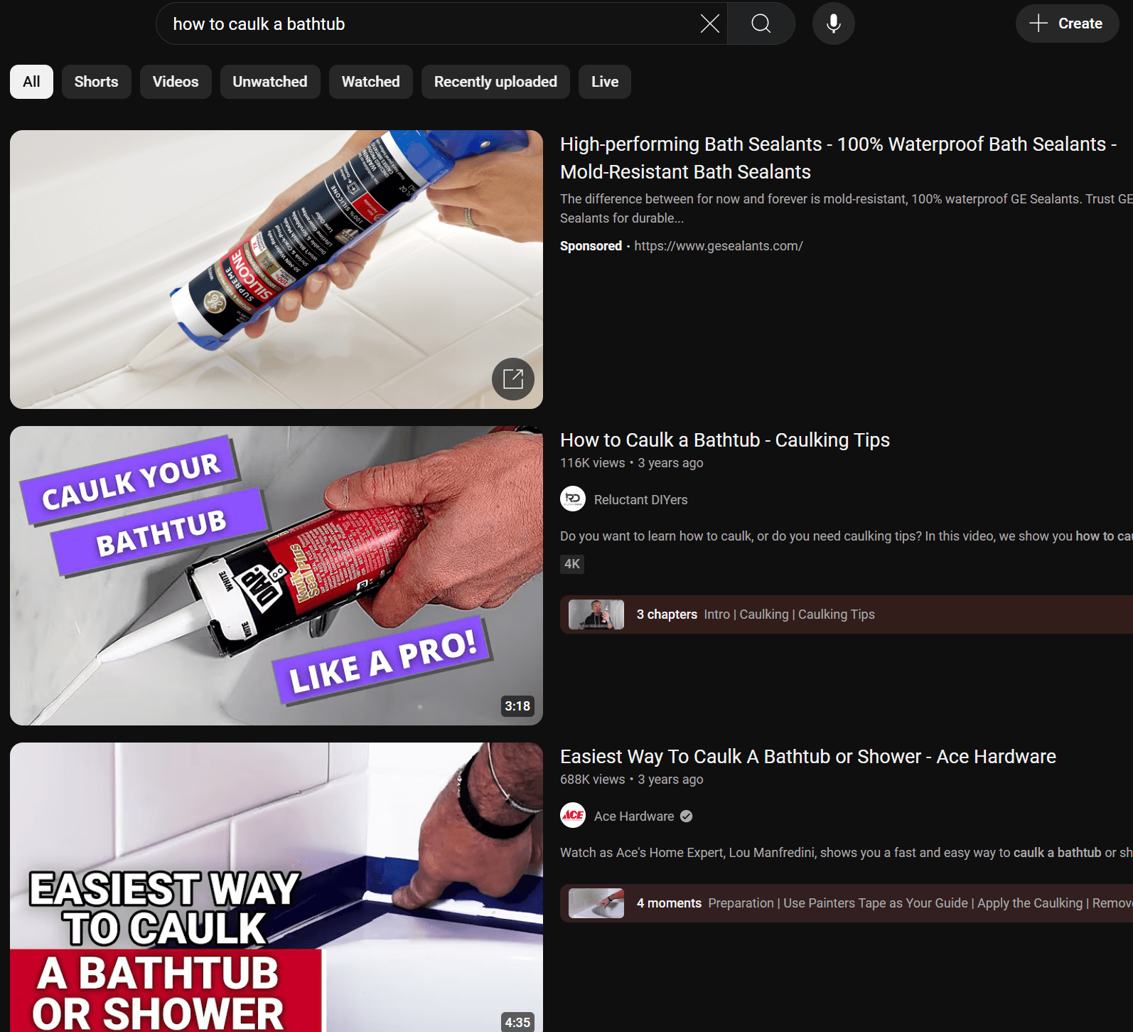 YouTube results on how to caulk a tub