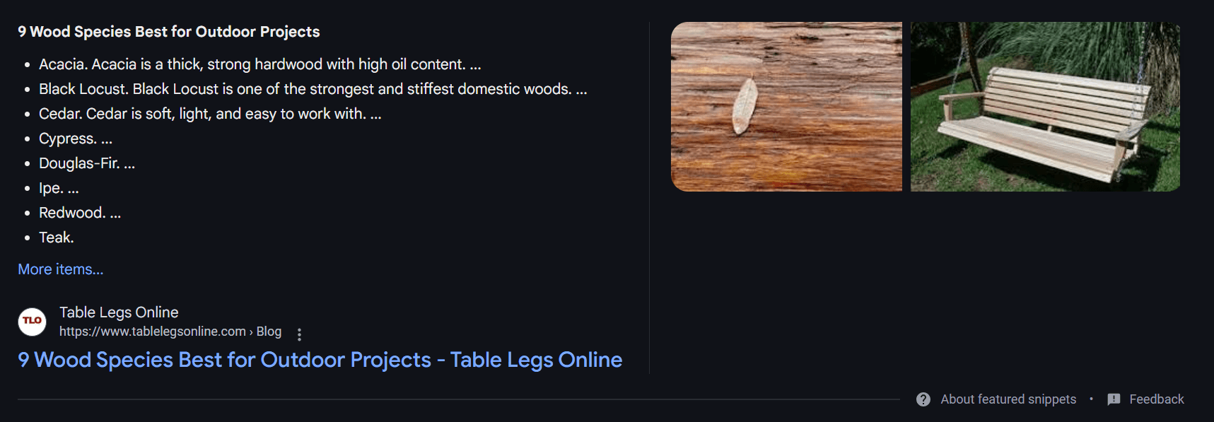 Featured snippet at the top of search results about the best types of outdoor wood