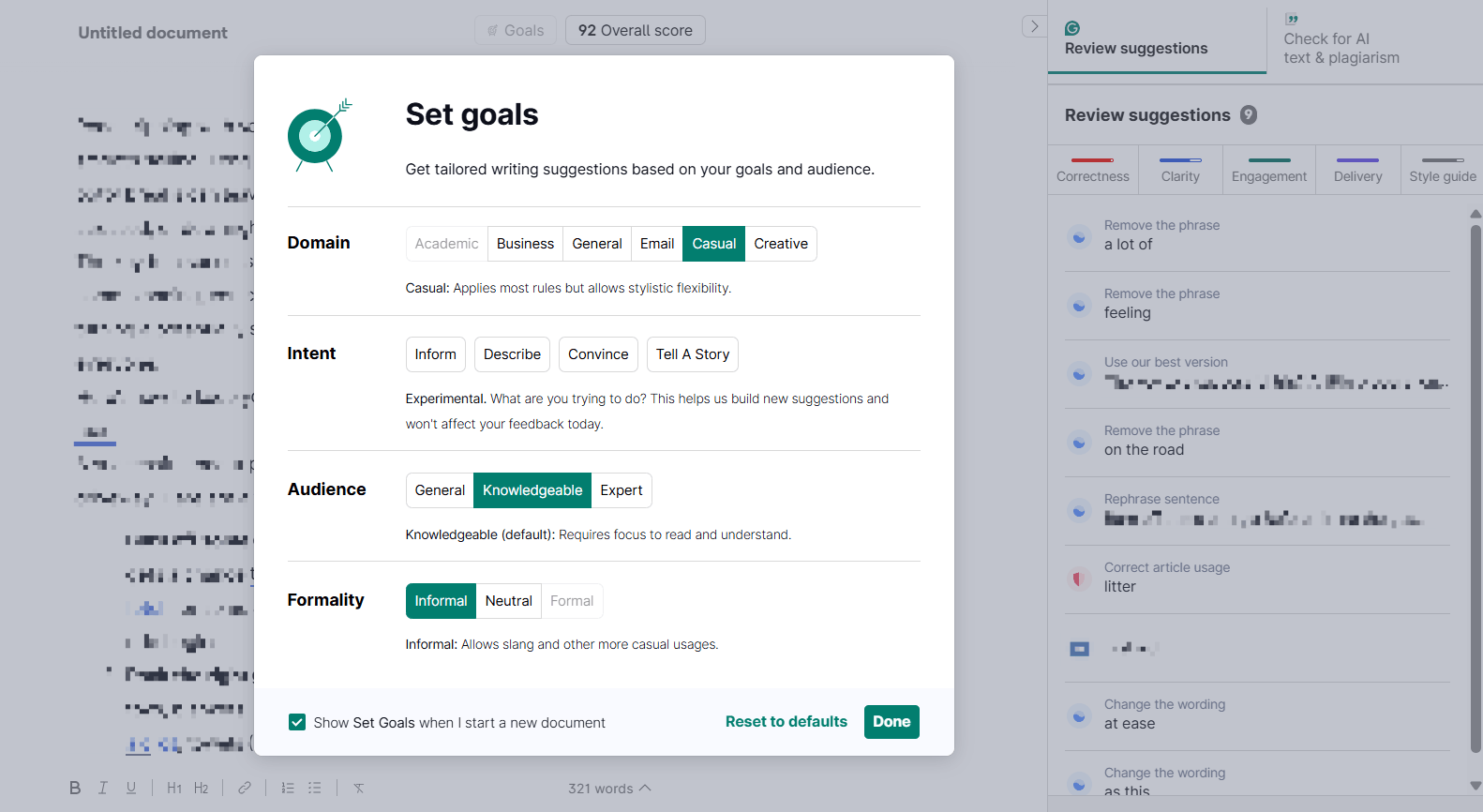 setting goals on grammarly