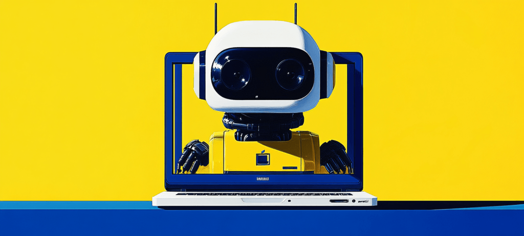 Robot sitting in a screen
