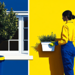 A landscaper holds a pot in front of a yellow and blue house