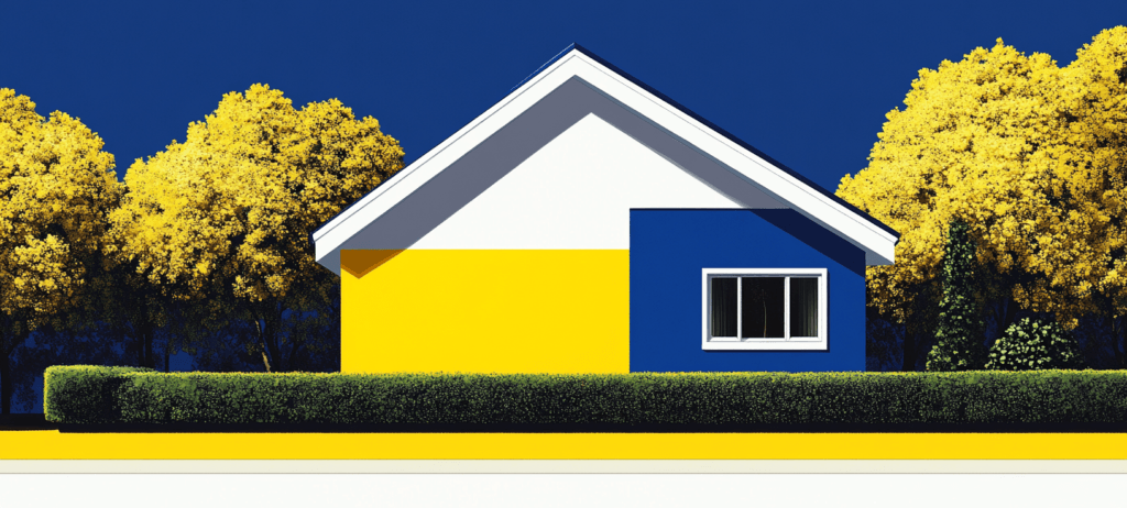 Blue, yellow, and white house surrounded by trees and landscaped yard