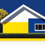 Blue, yellow, and white house surrounded by trees and landscaped yard