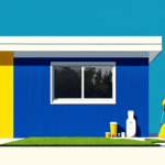 Person maintaining lawn in front of blue and yellow house