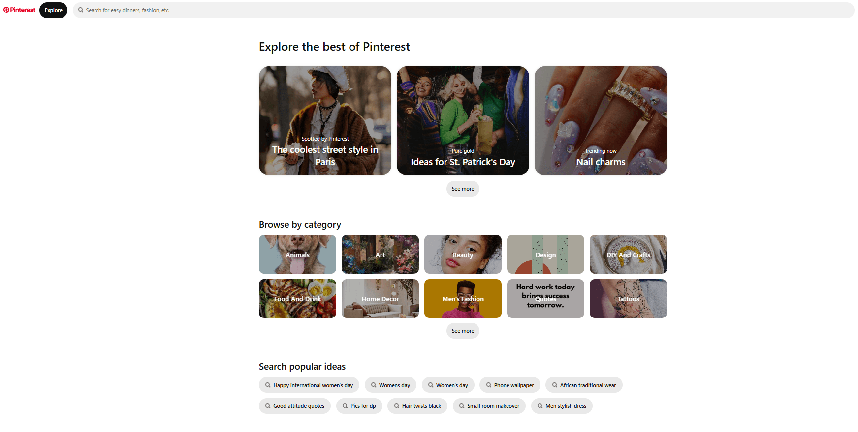 Pinterest search page with categories