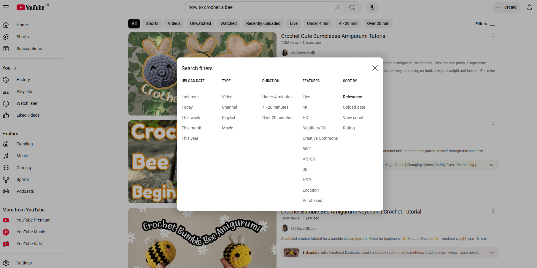 Youtube's search and filter feature