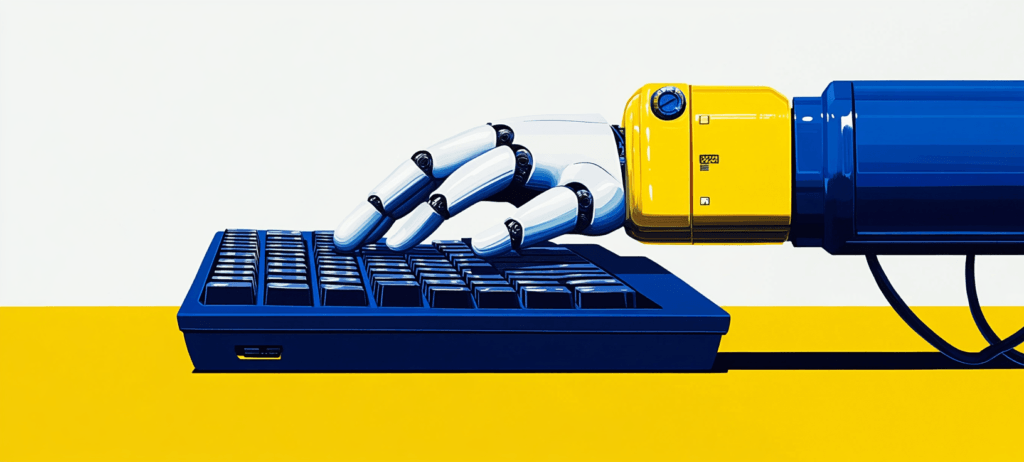 Robot hand typing on a keyboard