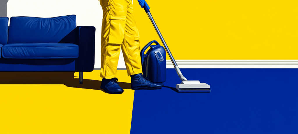 A person vacuuming a blue and yellow rug