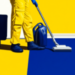 A person vacuuming a blue and yellow rug