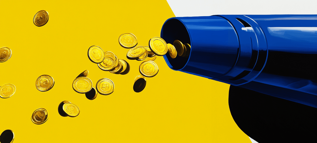 Golden coins being shot out of a blue cannon