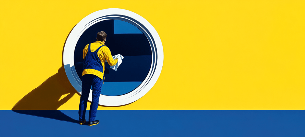A man cleaning a blue-tinted window on a yellow building