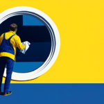 A man cleaning a blue-tinted window on a yellow building