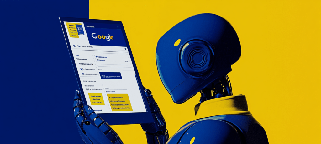 Robot holding a tablet with Google on it