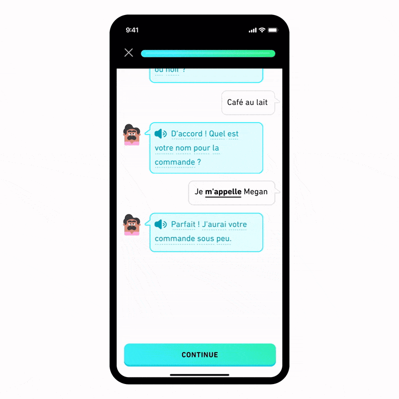 A GIF of Duolingo showing its chat-style lessons and voice prompts that turn language learning into an ongoing conversation rather than a static menu of exercises.