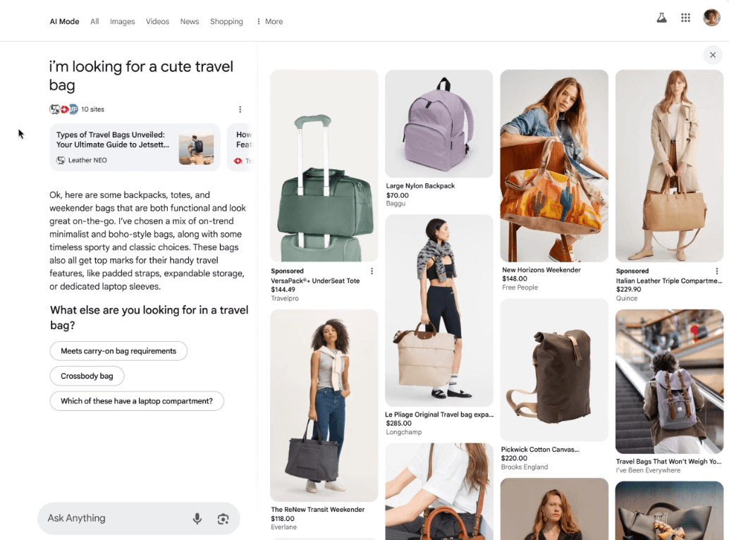 AI Mode shopping experience