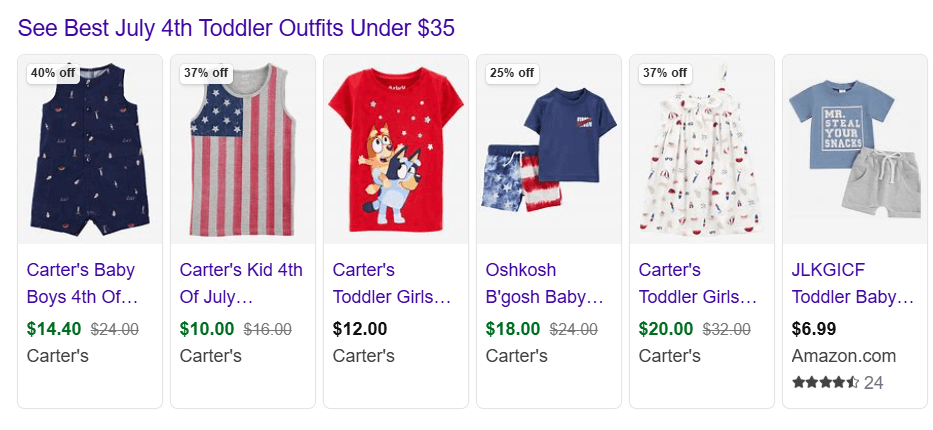 Bing shopping example for July 4th outfits
