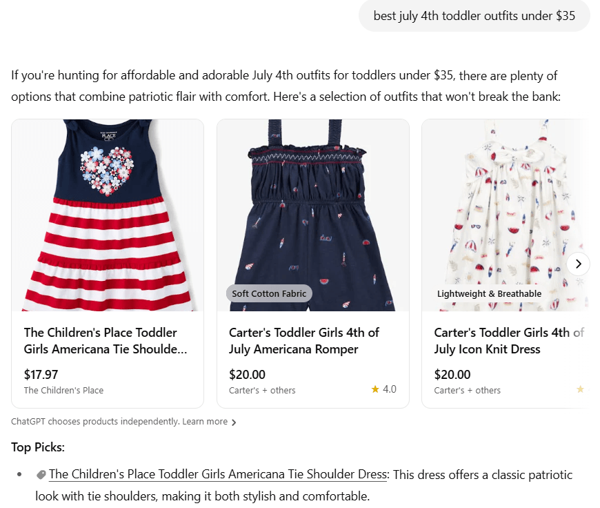 ChatGPT shopping example