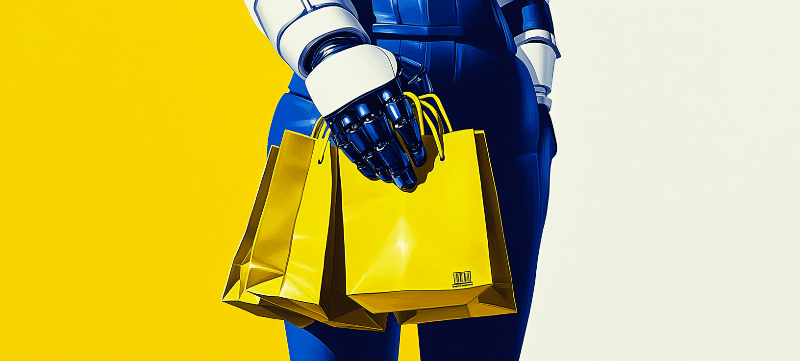 A robot holding shopping bags