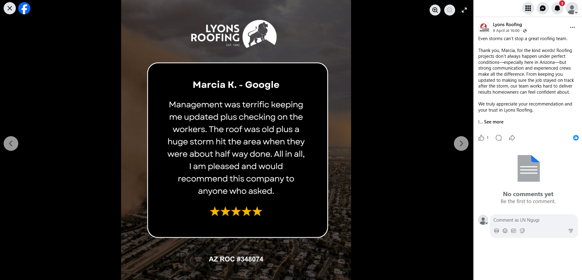 Example of a roofing company turning a positive Google review into social proof content for Facebook