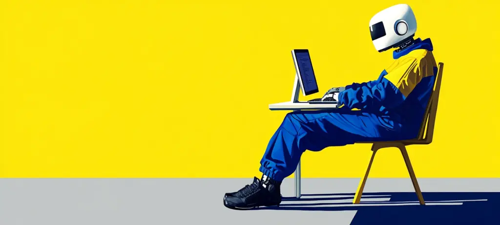A robot sitting at a computer