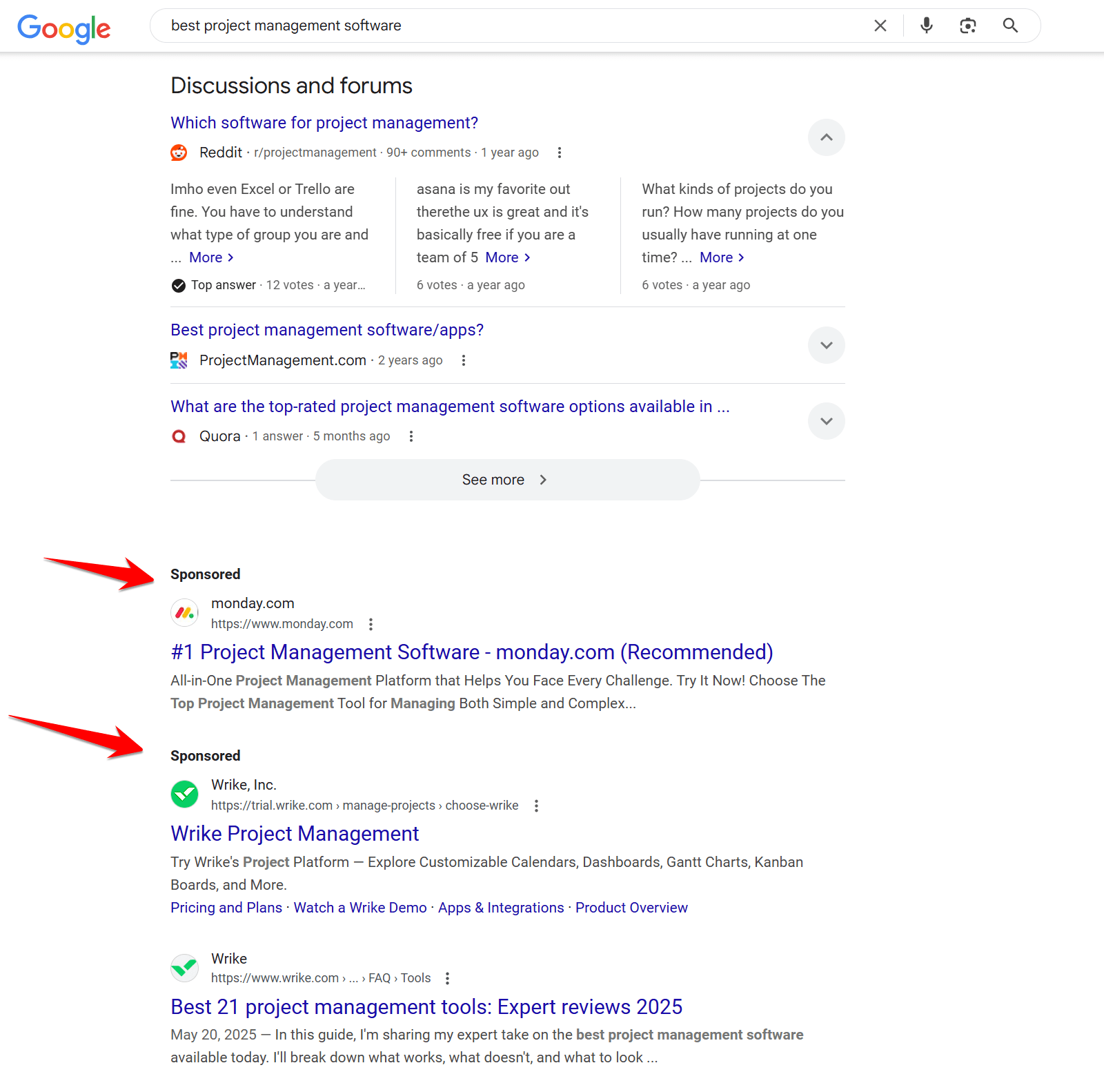 Two ads for project management software showing in the middle of the search results