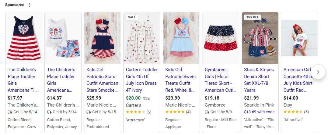 Google Shopping example for July 4th outfits