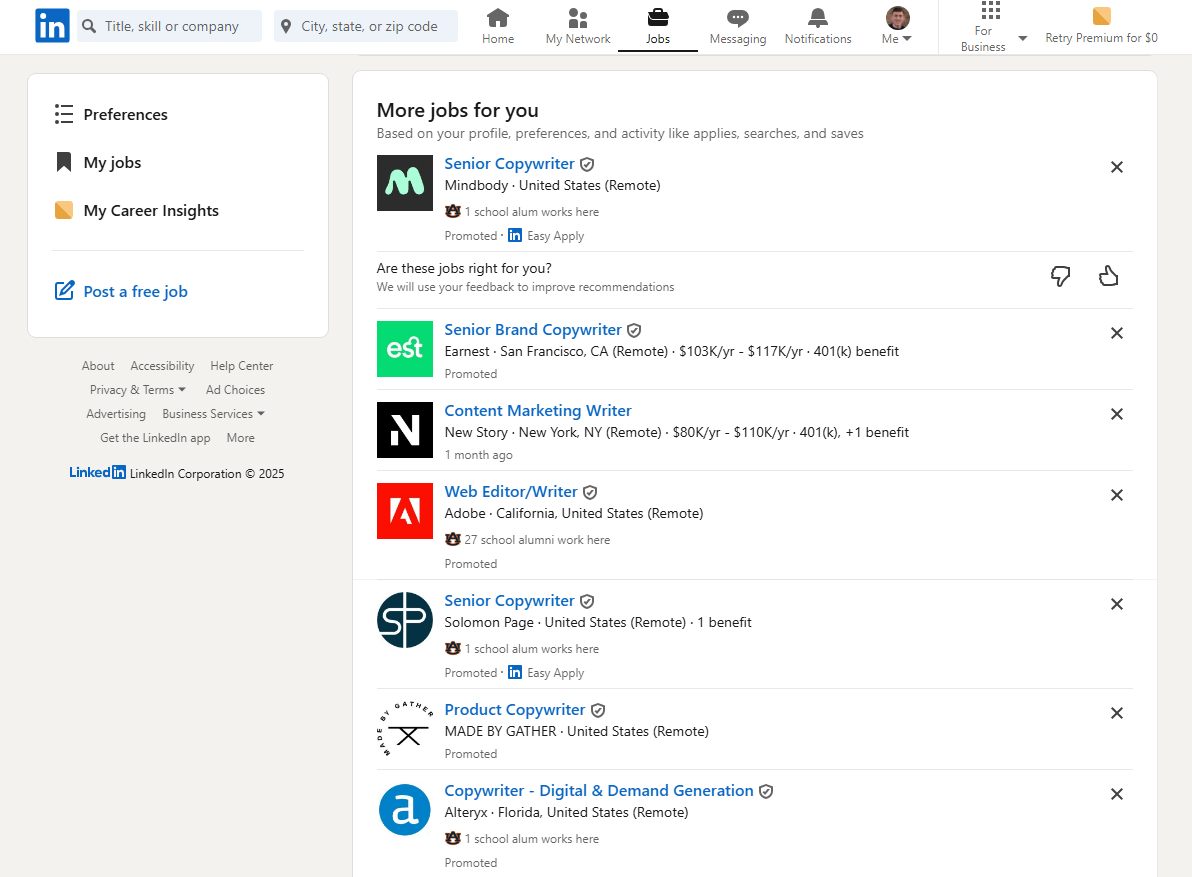 linkedin jobs tab
