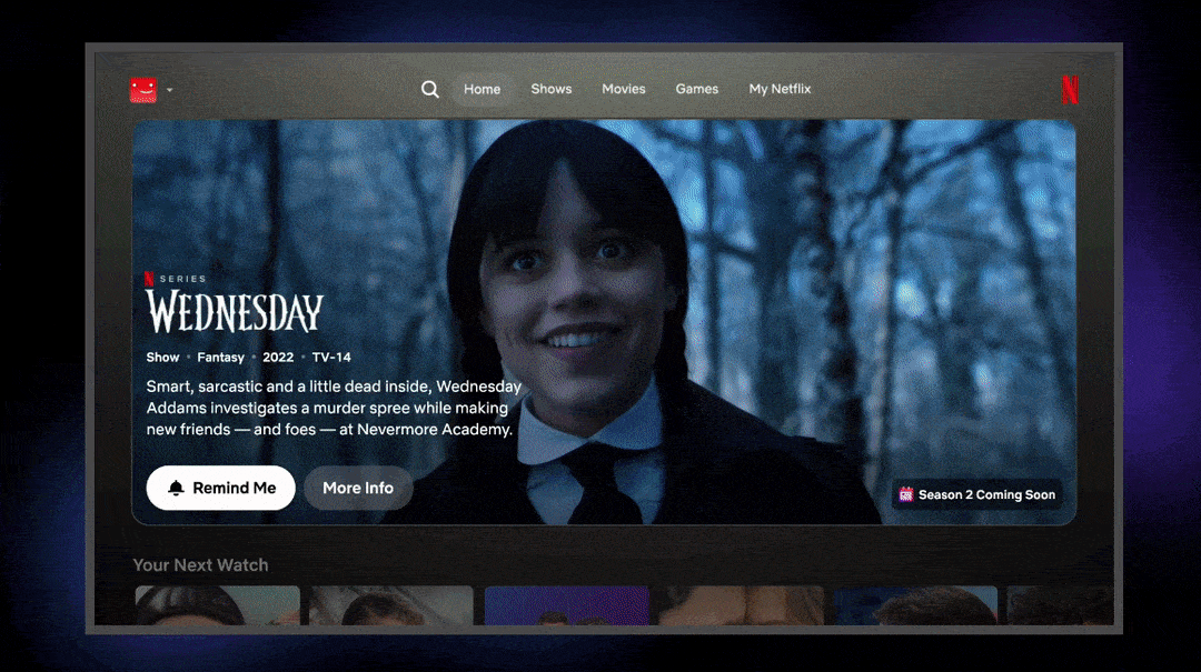 A GIF of Netflix's website showing predictive UX in action: Anticipating needs, removing steps, and keeping users engaged without friction.