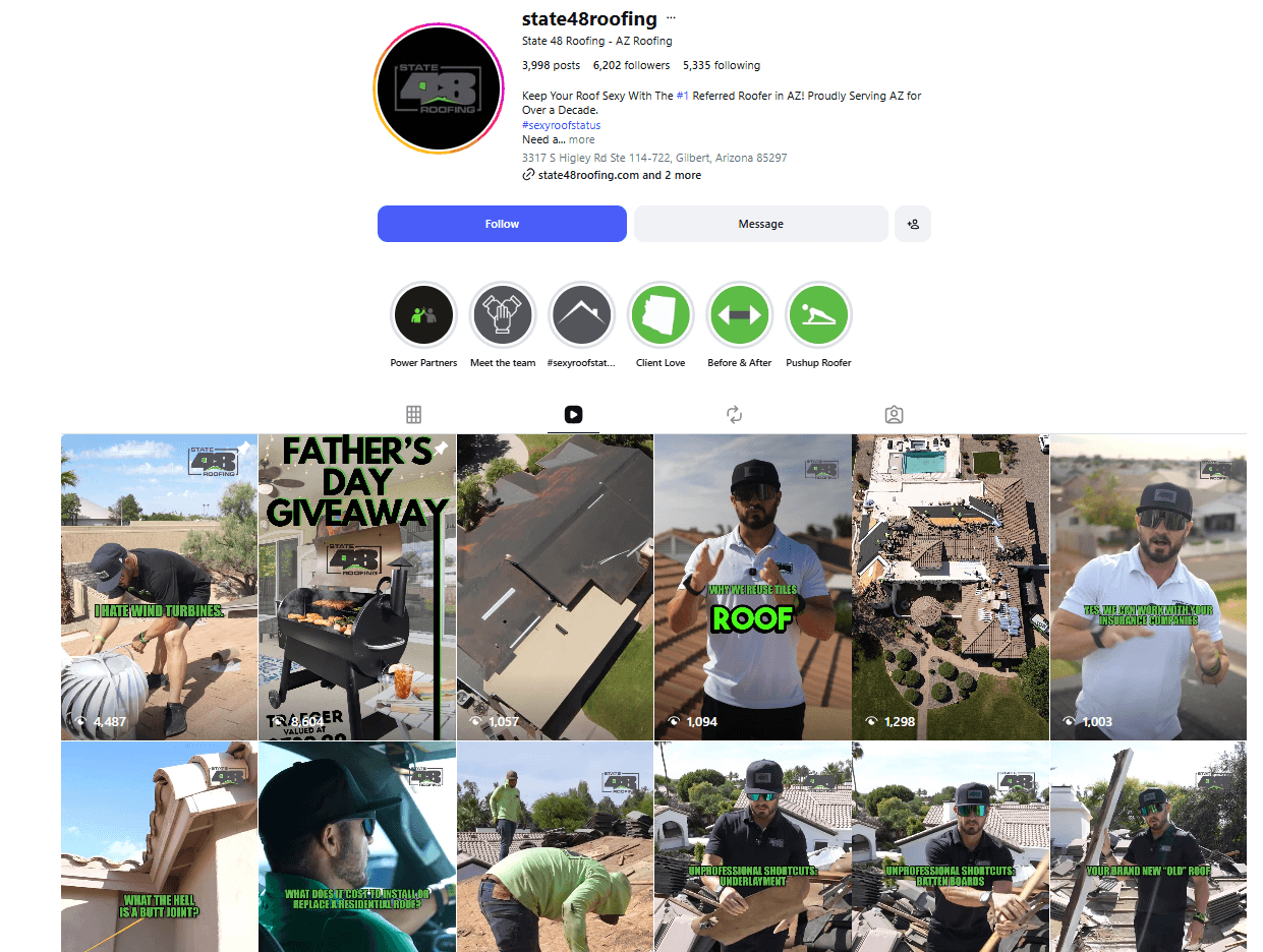 An example of a roofing company using Instagram for social proof.