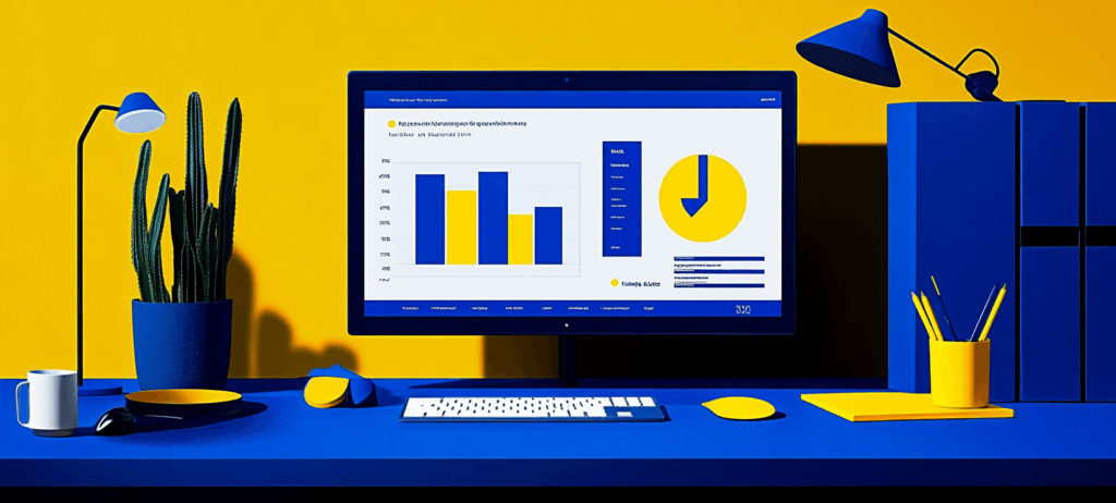 Computer sitting on a desk with data charts on the screen