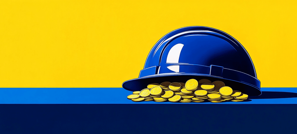 a blue construction helmet filled with gold coins, set against a vibrant yellow background with a blue horizontal stripe.