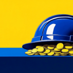 a blue construction helmet filled with gold coins, set against a vibrant yellow background with a blue horizontal stripe.