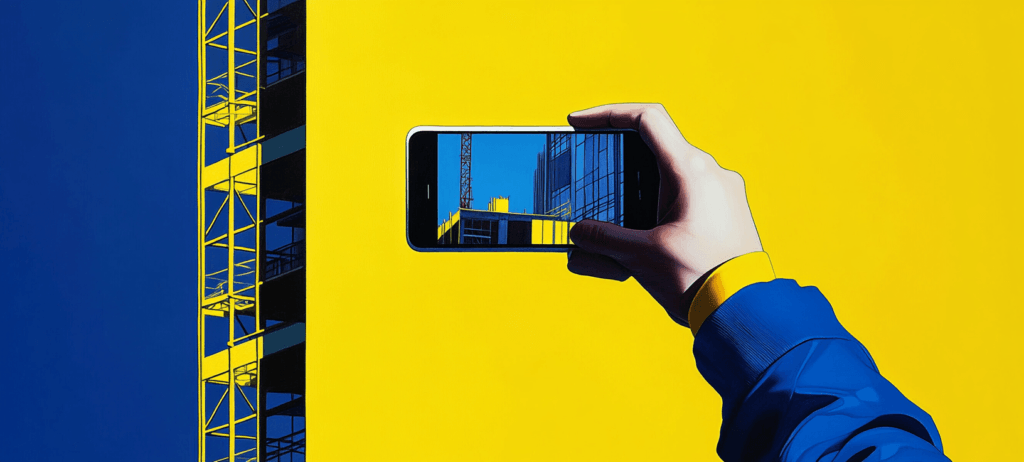 Hand holding smartphone displaying a construction site.