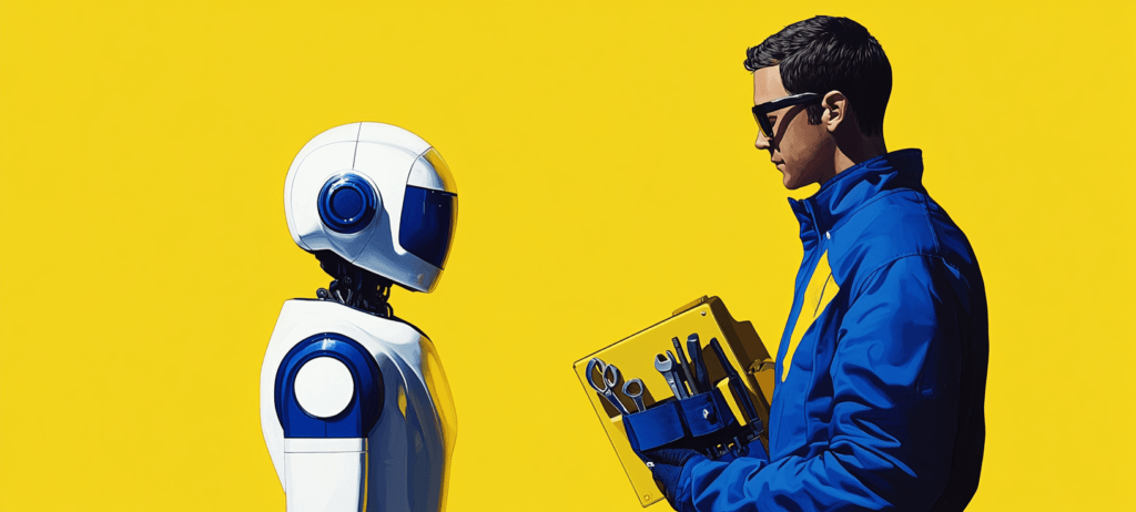 Man with toolkit facing a robot