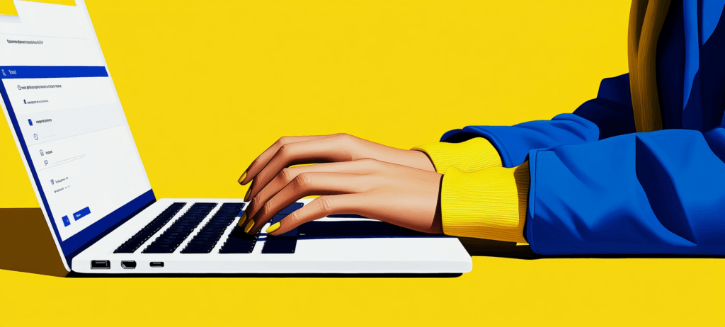 An AI Image of a person searching the web for a specific brand and service on her laptop, depicting how branded search SEO and branded search work.