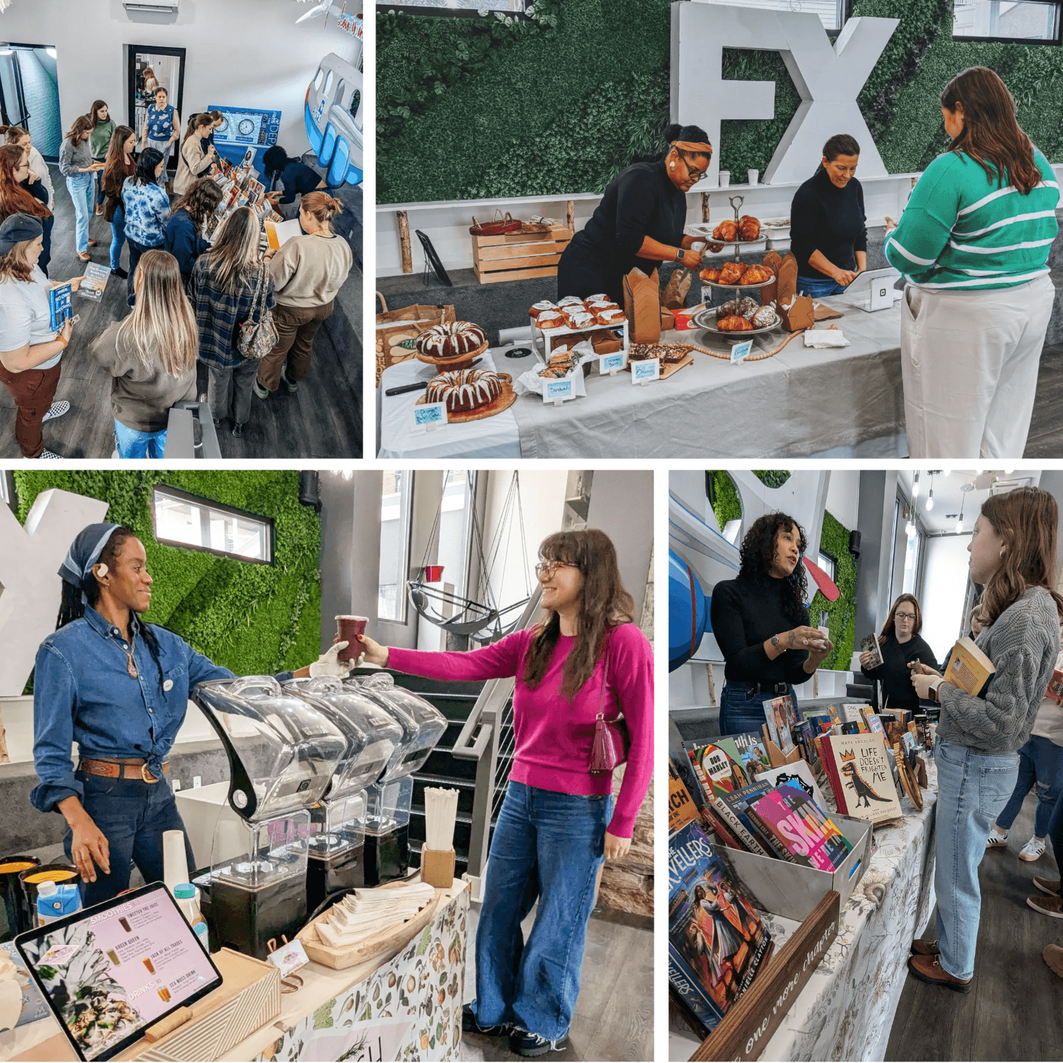 Collage of photos from Black History Month celebrations with a smoothie vendor, book vendor, and bakery