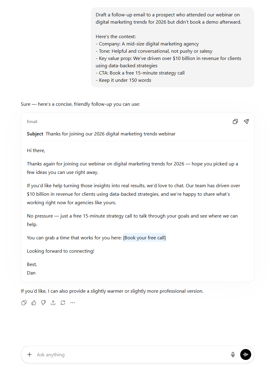 ChatGPT drafting a follow-up email to a webinar attendee with conversational tone and strategy call CTA