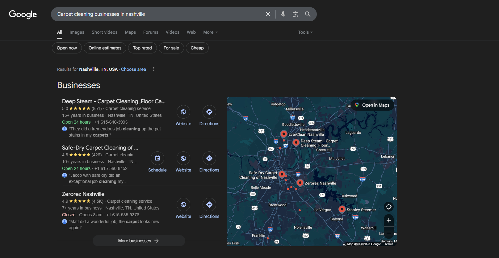 Nashville, TN search results for carpet cleaning companies