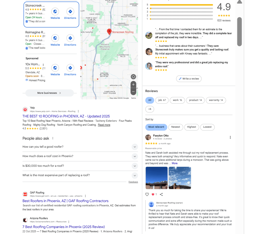Google reviews panel for a roofing company showing star rating, recent reviews, and owner responses.