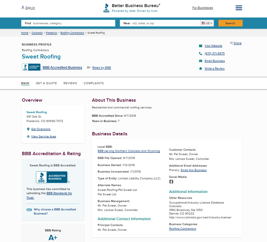 Sweet Roofing BBB NAP