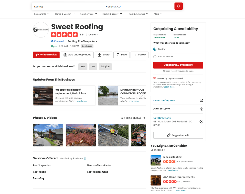 Yelp NAP Sweet Roofing 