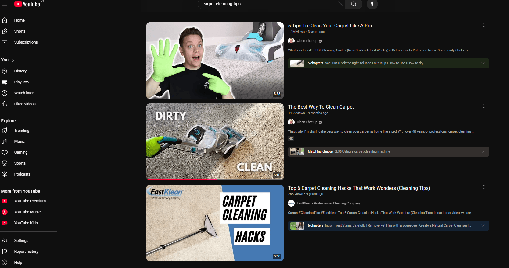 YouTube video results for carpet cleaning
