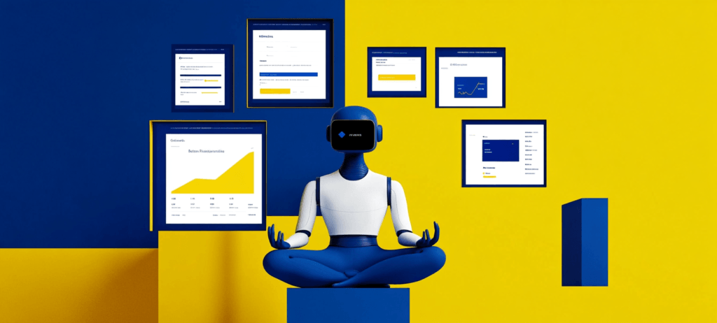 Robot sitting cross-legged on a platform with images of charts floating around it