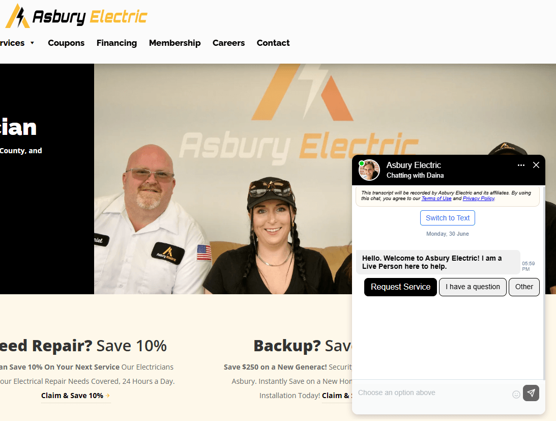 Asbury Electric website chatbot