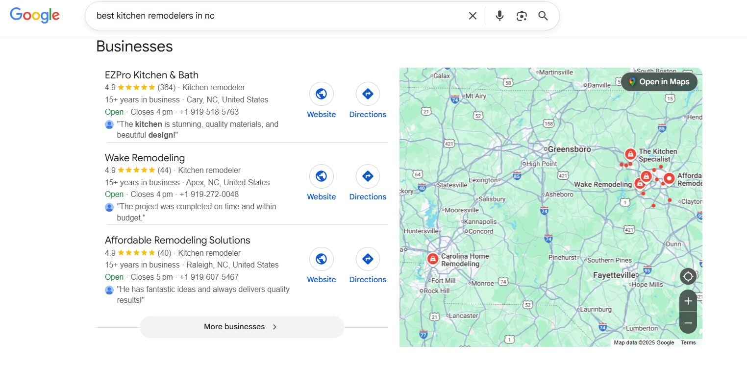 Screenshot of search result of best kitchen remodellers in NC
