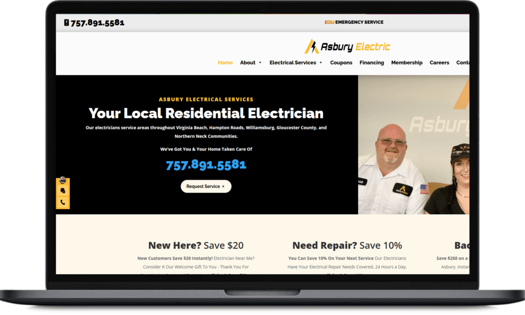 Asbury Electric homepage on a laptop