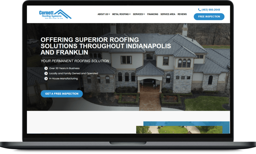 Cornett Roofing website on a laptop