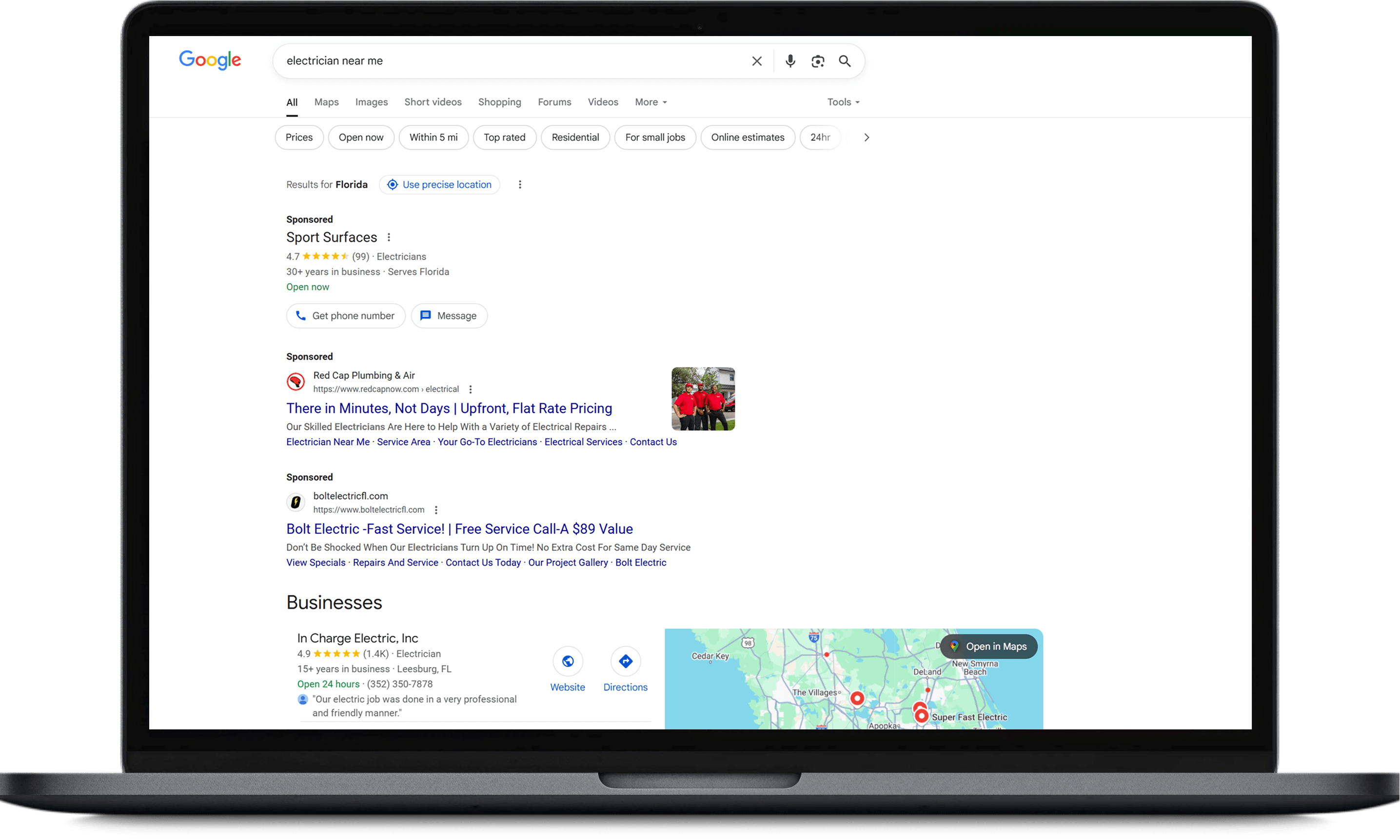 Electrician near me search on laptop